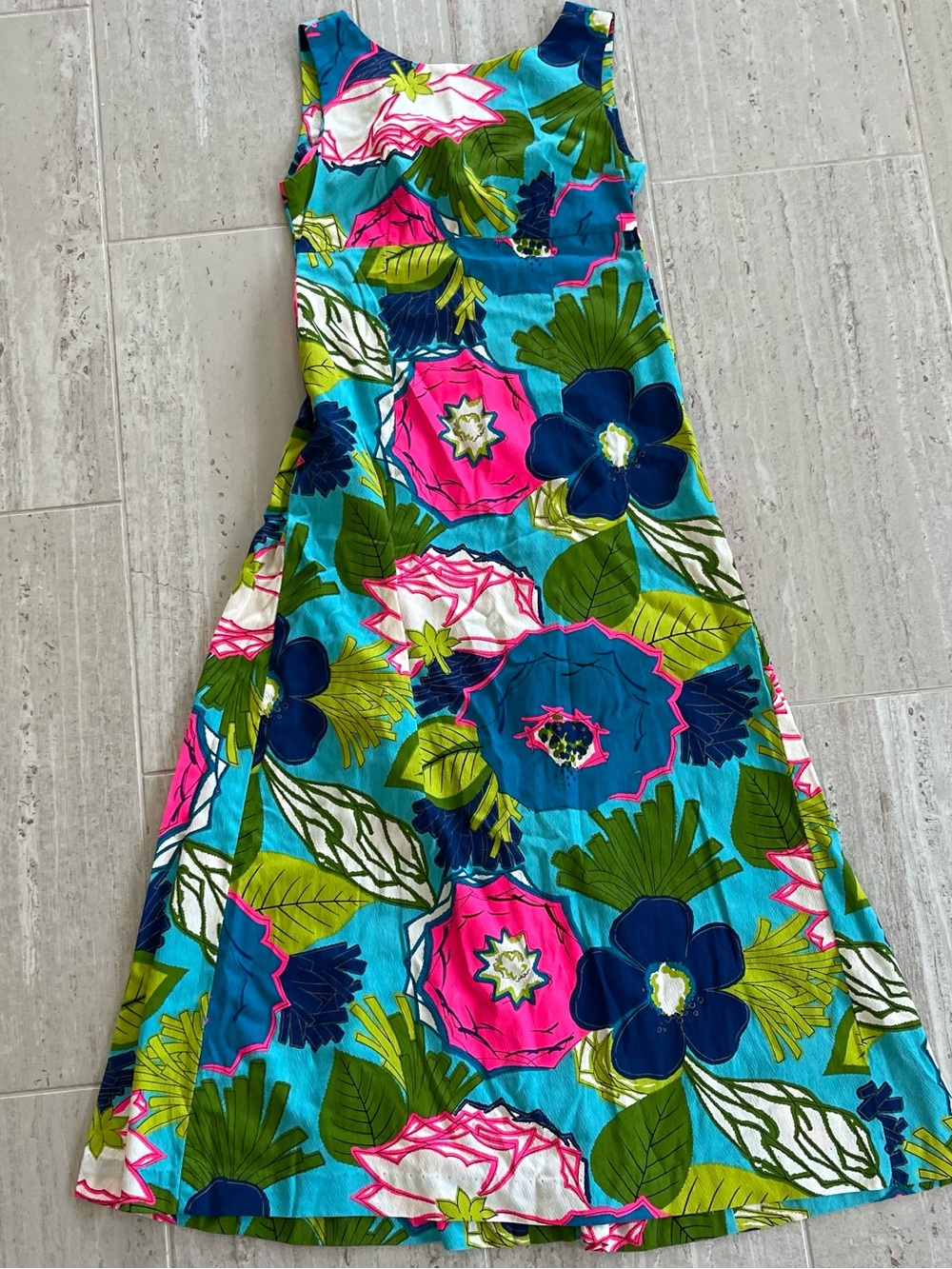 Vintage Ui-Maikai Hawaiian Maxi Dress 12 Waterfall Back Floral Cotton Tropical